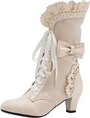 Cathalem Victorian Boots for Women Casual Lace Up Renaissance Boots 70s Mid Heels Vintage Boots Halloween Cosplay Witch Shoes