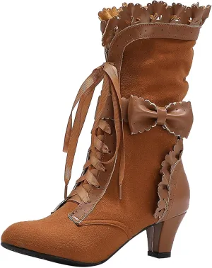 Cathalem Victorian Boots for Women Casual Lace Up Renaissance Boots 70s Mid Heels Vintage Boots Halloween Cosplay Witch Shoes