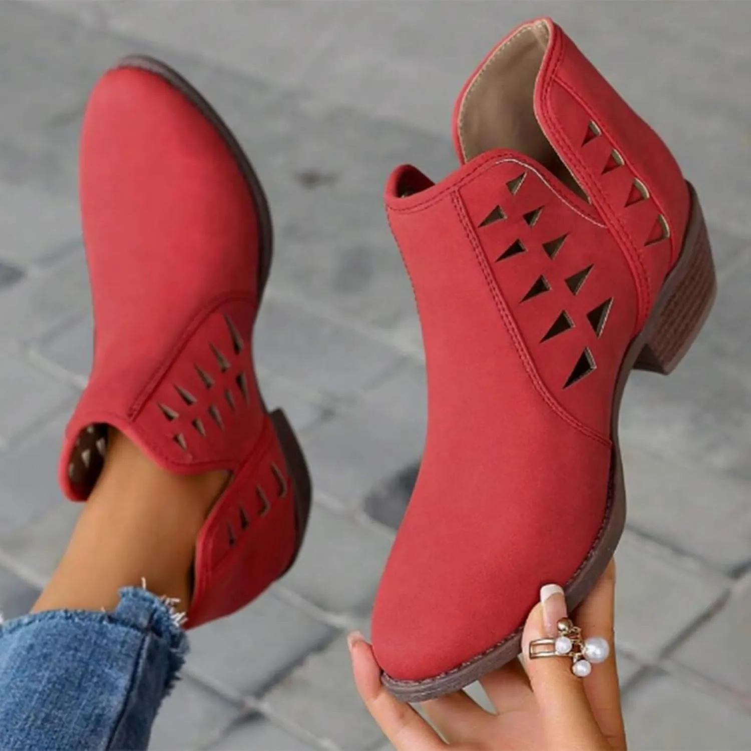 Cathalem Womens Ankle Booties, Womens Perforated Cut Out Stacked Block Heel Ankle Booties Womens Boots Fall 2024