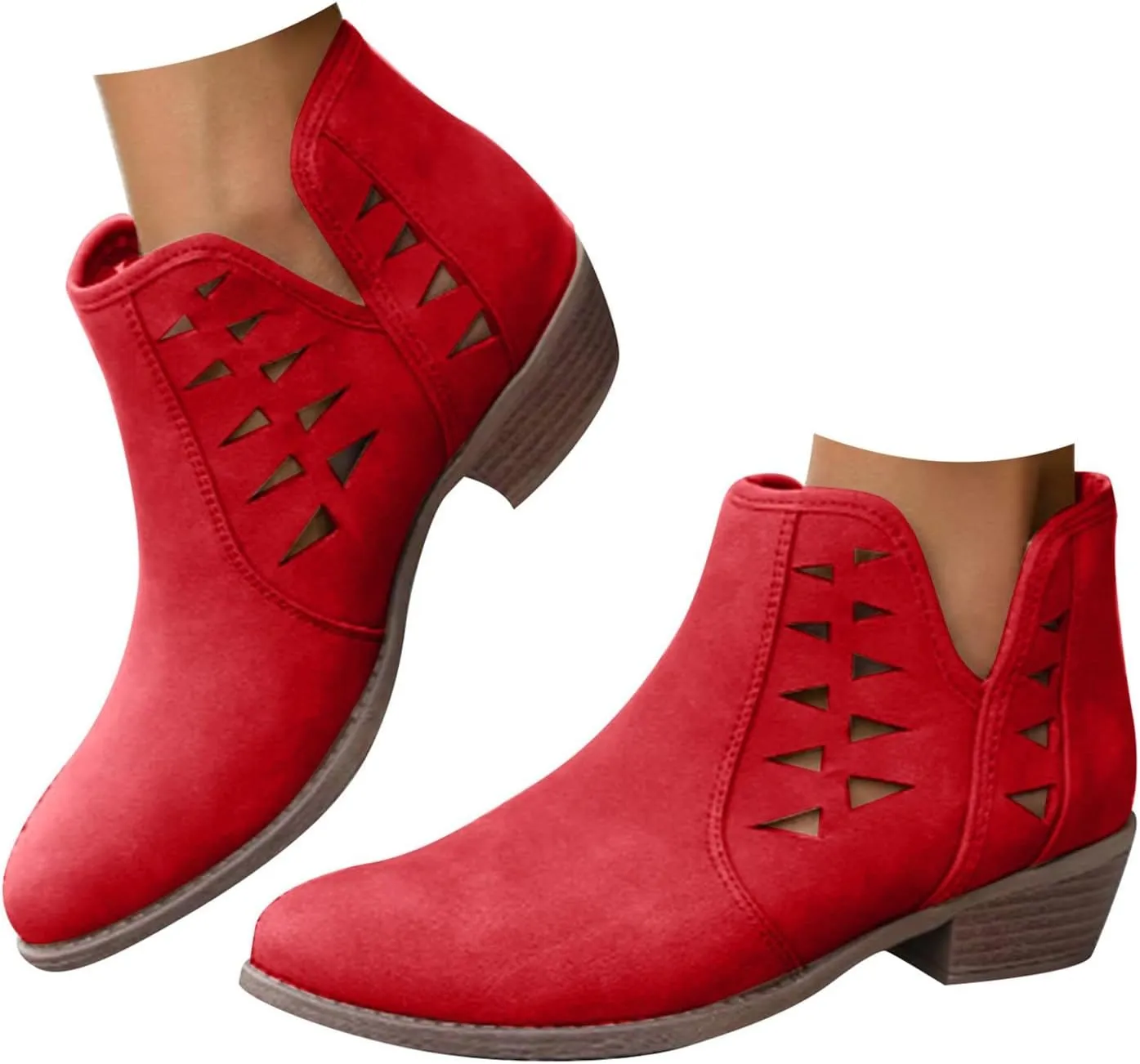 Cathalem Womens Ankle Booties, Womens Perforated Cut Out Stacked Block Heel Ankle Booties Womens Boots Fall 2024