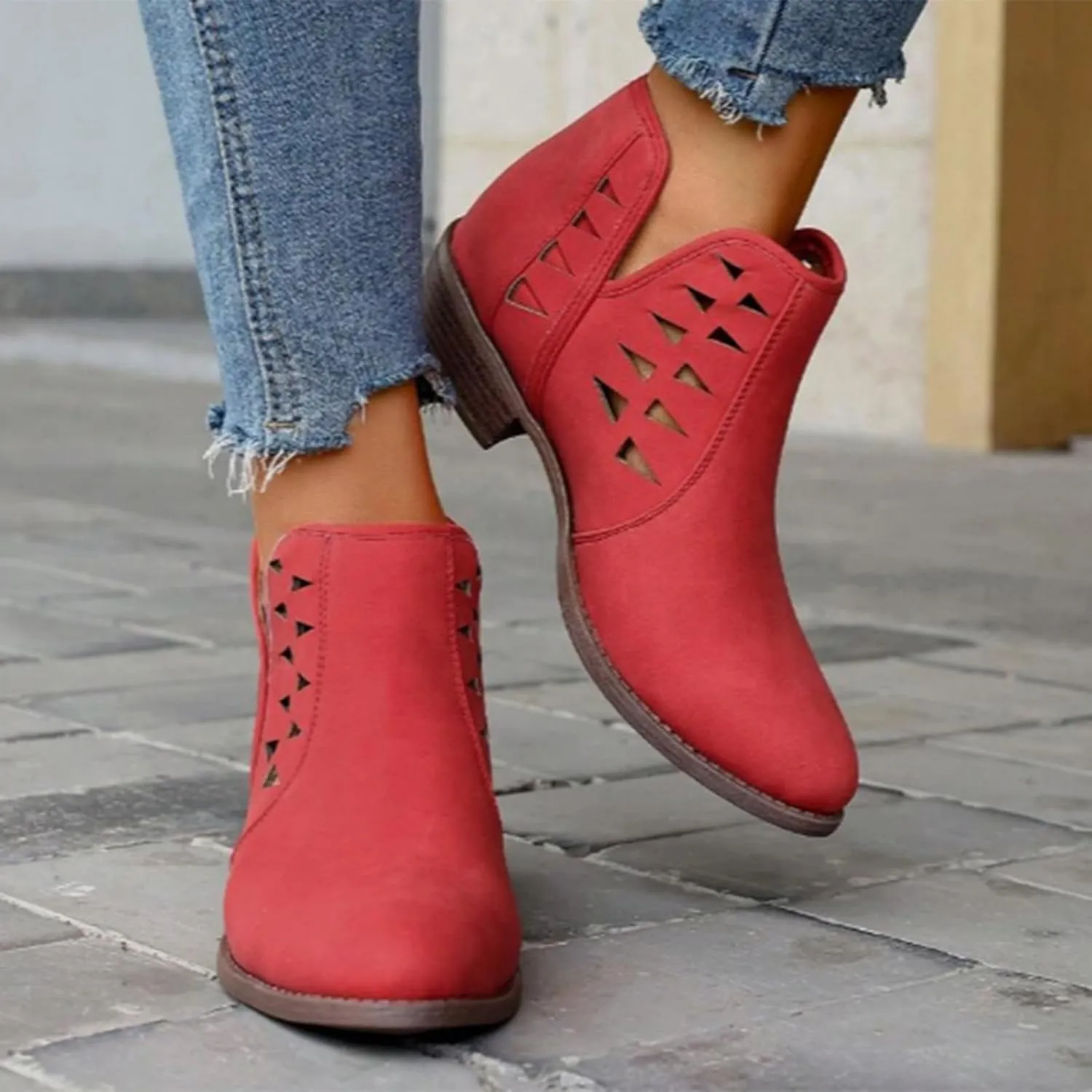 Cathalem Womens Ankle Booties, Womens Perforated Cut Out Stacked Block Heel Ankle Booties Womens Boots Fall 2024