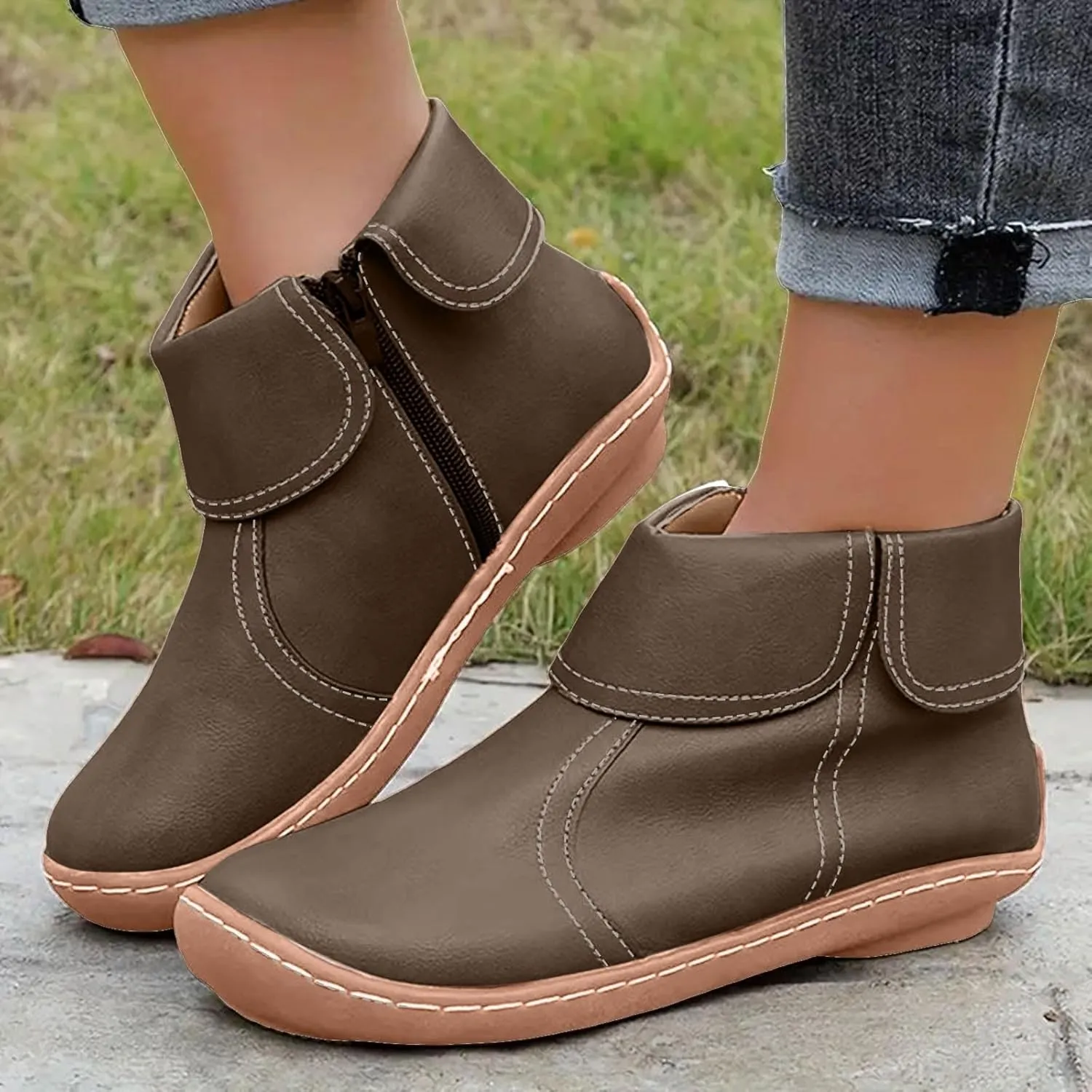 Cathalem Womens Ankle Boots, 2024 New Arch Support Booties Flat Heel Booties Side Zip-up Vintage Leather Damping Shoes