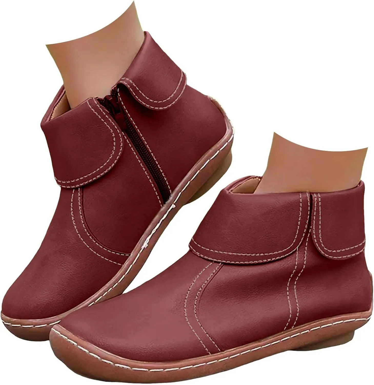 Cathalem Womens Ankle Boots, 2024 New Arch Support Booties Flat Heel Booties Side Zip-up Vintage Leather Damping Shoes