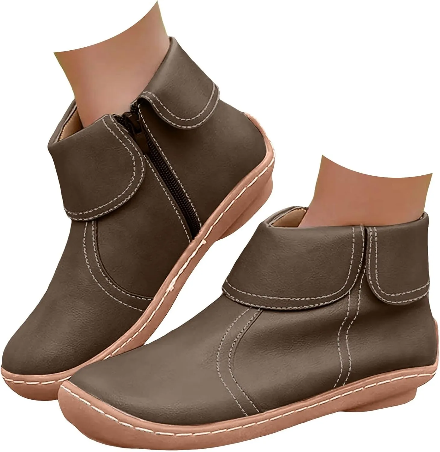 Cathalem Womens Ankle Boots, 2024 New Arch Support Booties Flat Heel Booties Side Zip-up Vintage Leather Damping Shoes