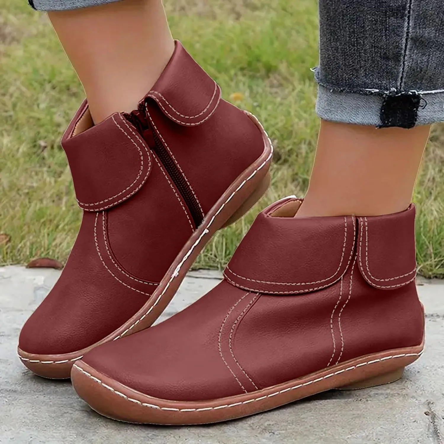 Cathalem Womens Ankle Boots, 2024 New Arch Support Booties Flat Heel Booties Side Zip-up Vintage Leather Damping Shoes