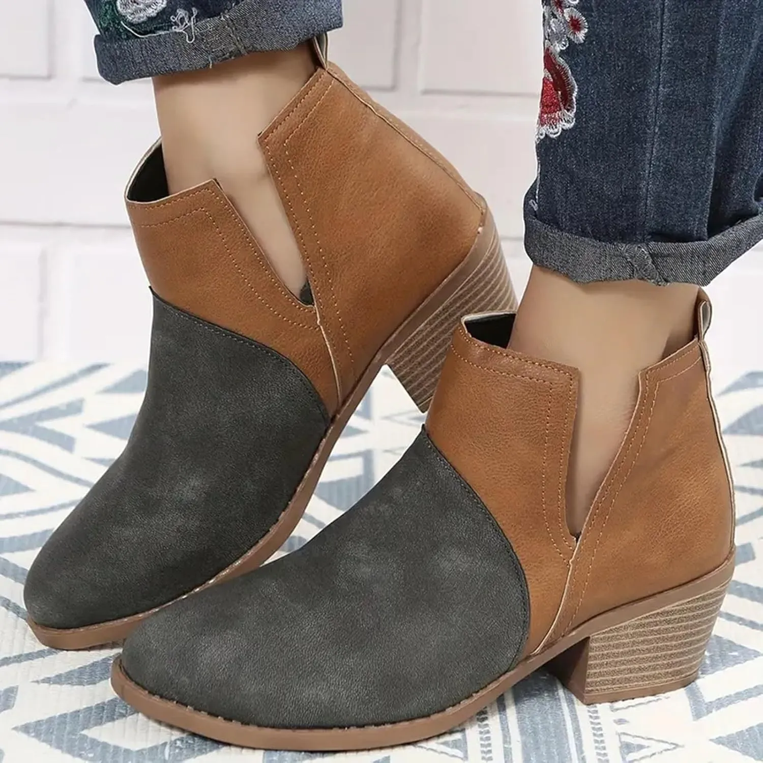 Cathalem Womens Ankle Boots, Ankle Booties for Women V Cut Slip on Ankle Boots Chunky Pointed Toe Cutout Low Heel Shoes