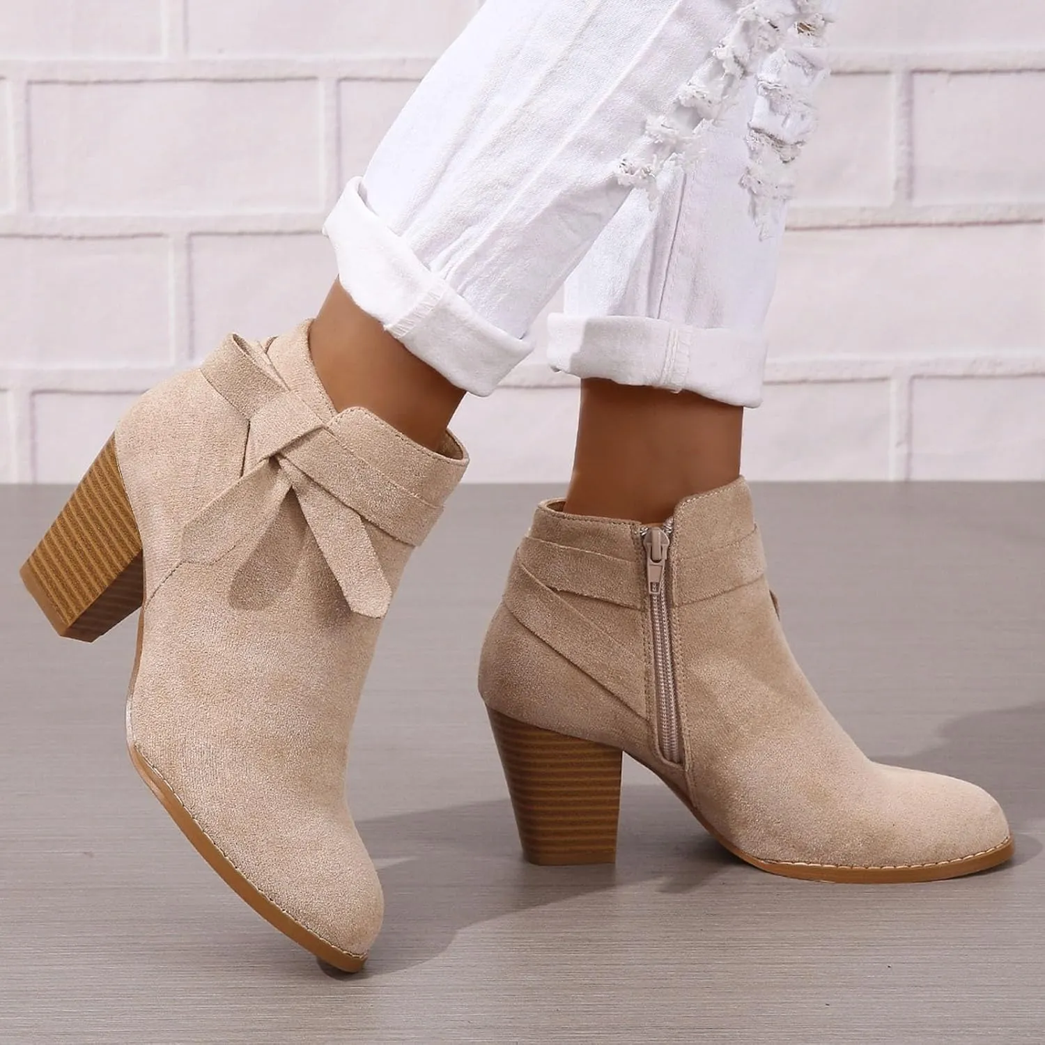 Cathalem Womens Ankle Boots, Ankle Booties for Women,Women's Tie Knot Chelsea Pump Boots Closed Toe Stacked Heel Shoes