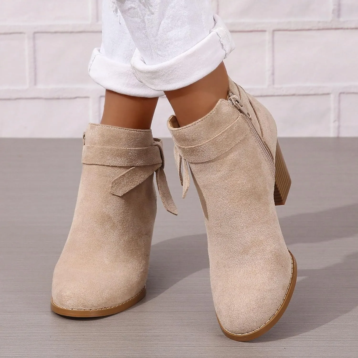 Cathalem Womens Ankle Boots, Ankle Booties for Women,Women's Tie Knot Chelsea Pump Boots Closed Toe Stacked Heel Shoes