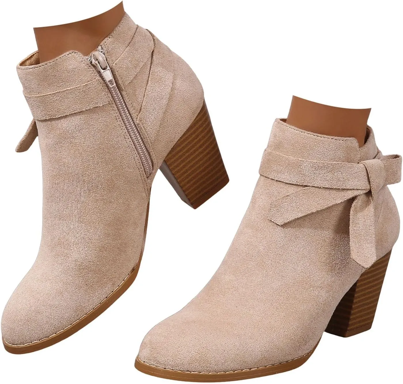Cathalem Womens Ankle Boots, Ankle Booties for Women,Women's Tie Knot Chelsea Pump Boots Closed Toe Stacked Heel Shoes