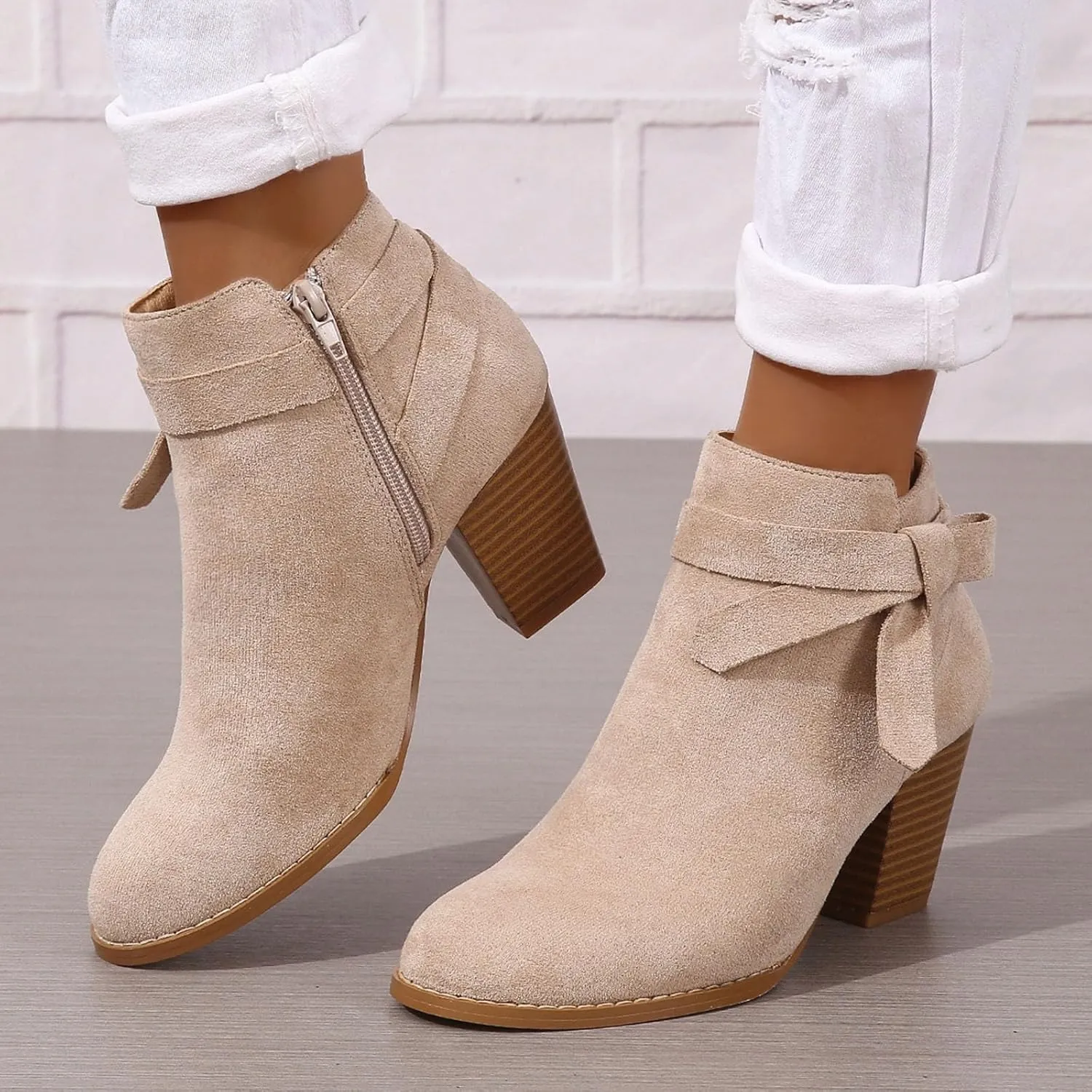 Cathalem Womens Ankle Boots, Ankle Booties for Women,Women's Tie Knot Chelsea Pump Boots Closed Toe Stacked Heel Shoes