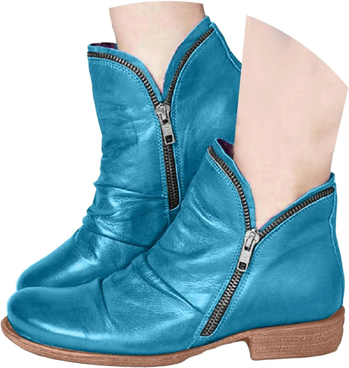 Cathalem Womens Ankle Boots Low Heel Flat Booties Chunky Stacked Pointed Toe Buckle Fall Western Dress Shoes