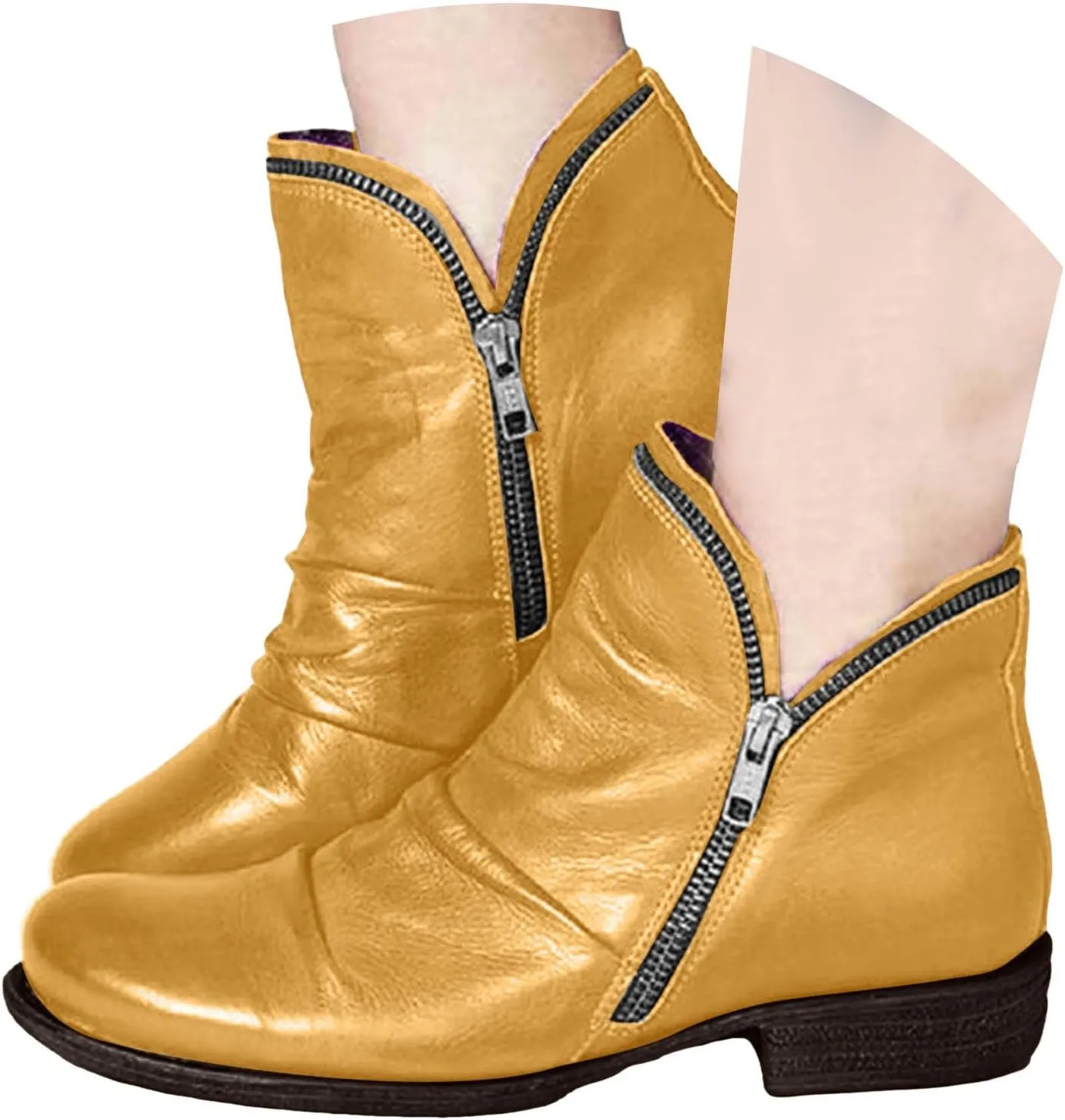 Cathalem Womens Ankle Boots Low Heel Flat Booties Chunky Stacked Pointed Toe Buckle Fall Western Dress Shoes