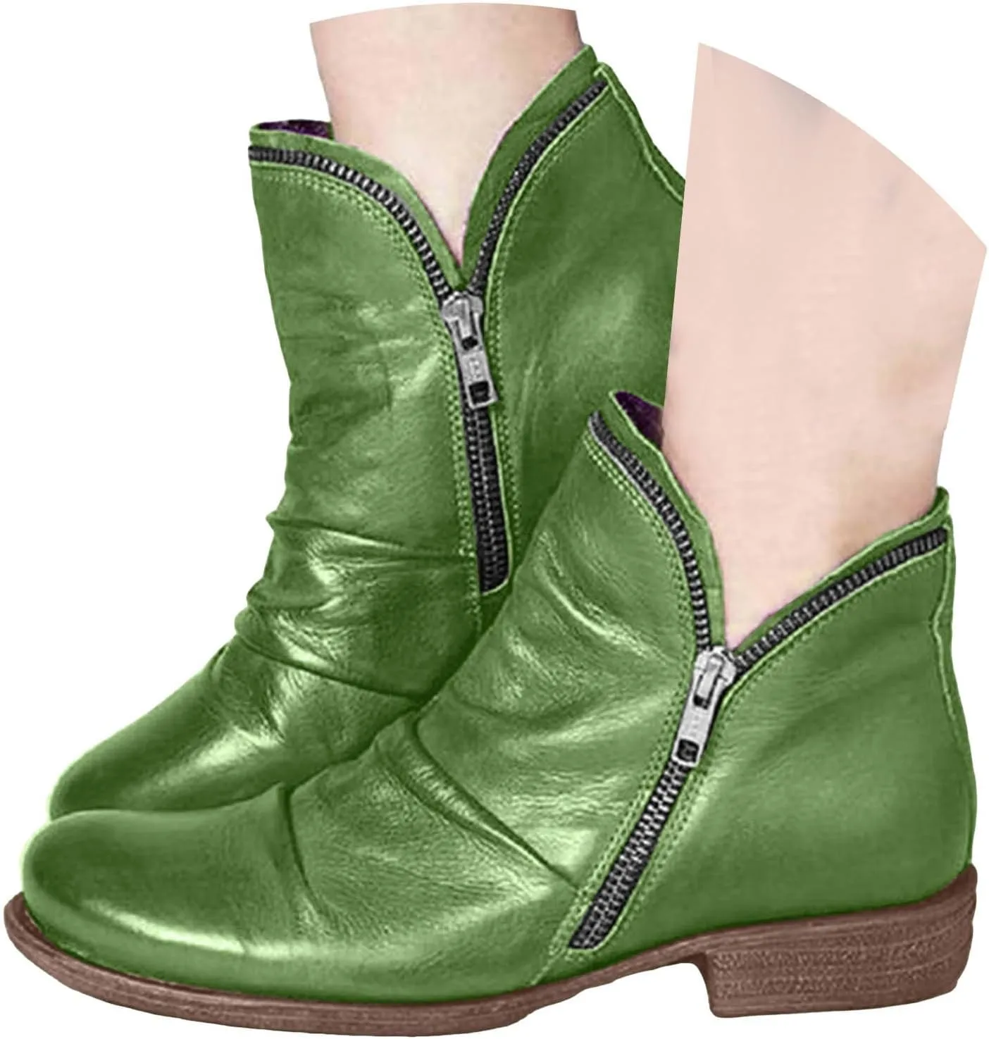 Cathalem Womens Ankle Boots Low Heel Flat Booties Chunky Stacked Pointed Toe Buckle Fall Western Dress Shoes