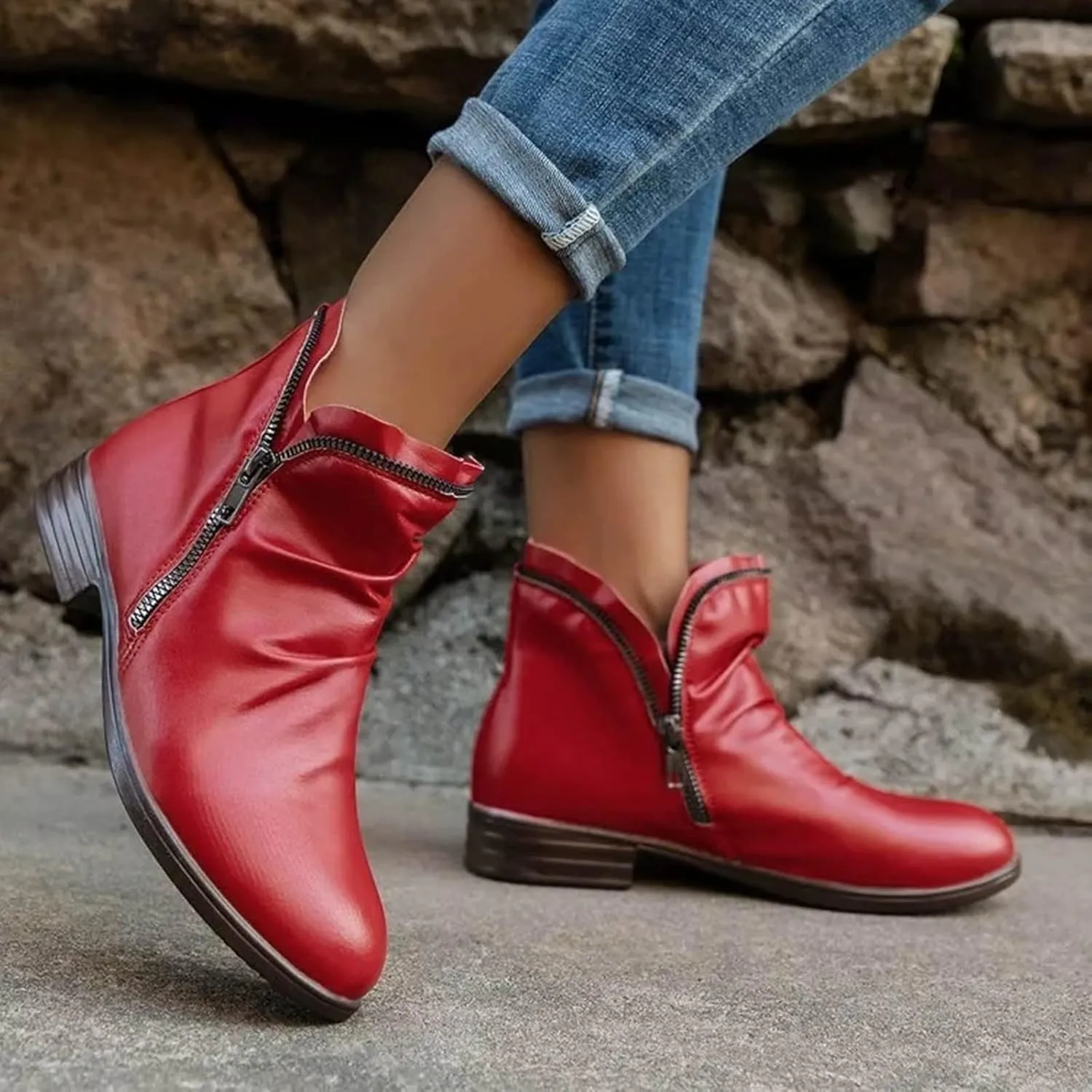 Cathalem Womens Ankle Boots Low Heel Flat Booties Chunky Stacked Pointed Toe Buckle Fall Western Dress Shoes