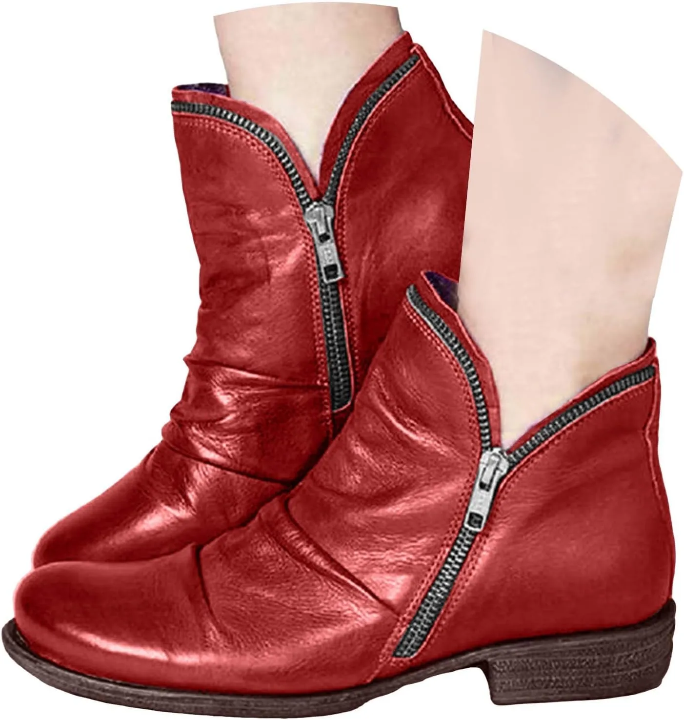 Cathalem Womens Ankle Boots Low Heel Flat Booties Chunky Stacked Pointed Toe Buckle Fall Western Dress Shoes