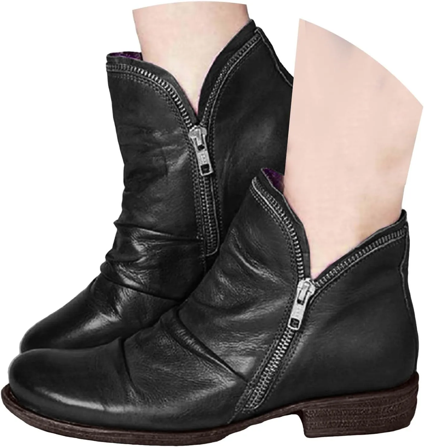 Cathalem Womens Ankle Boots Low Heel Flat Booties Chunky Stacked Pointed Toe Buckle Fall Western Dress Shoes