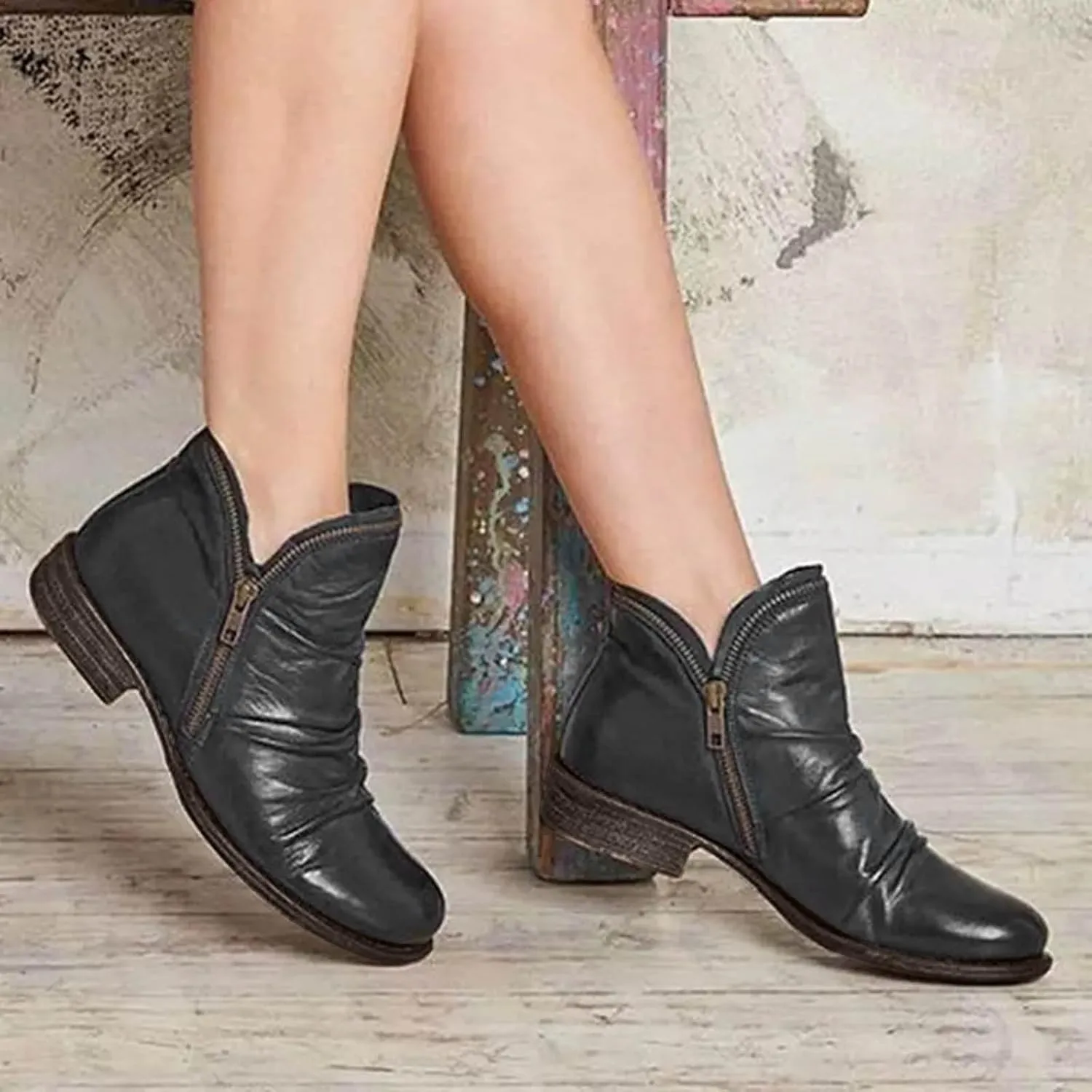 Cathalem Womens Ankle Boots Low Heel Flat Booties Chunky Stacked Pointed Toe Buckle Fall Western Dress Shoes