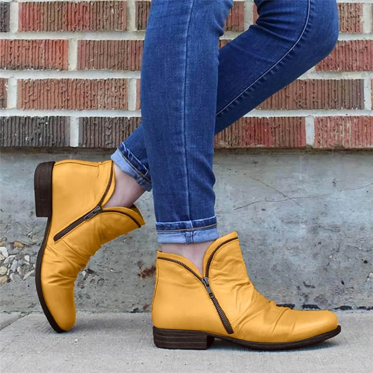 Cathalem Womens Ankle Boots Low Heel Flat Booties Chunky Stacked Pointed Toe Buckle Fall Western Dress Shoes