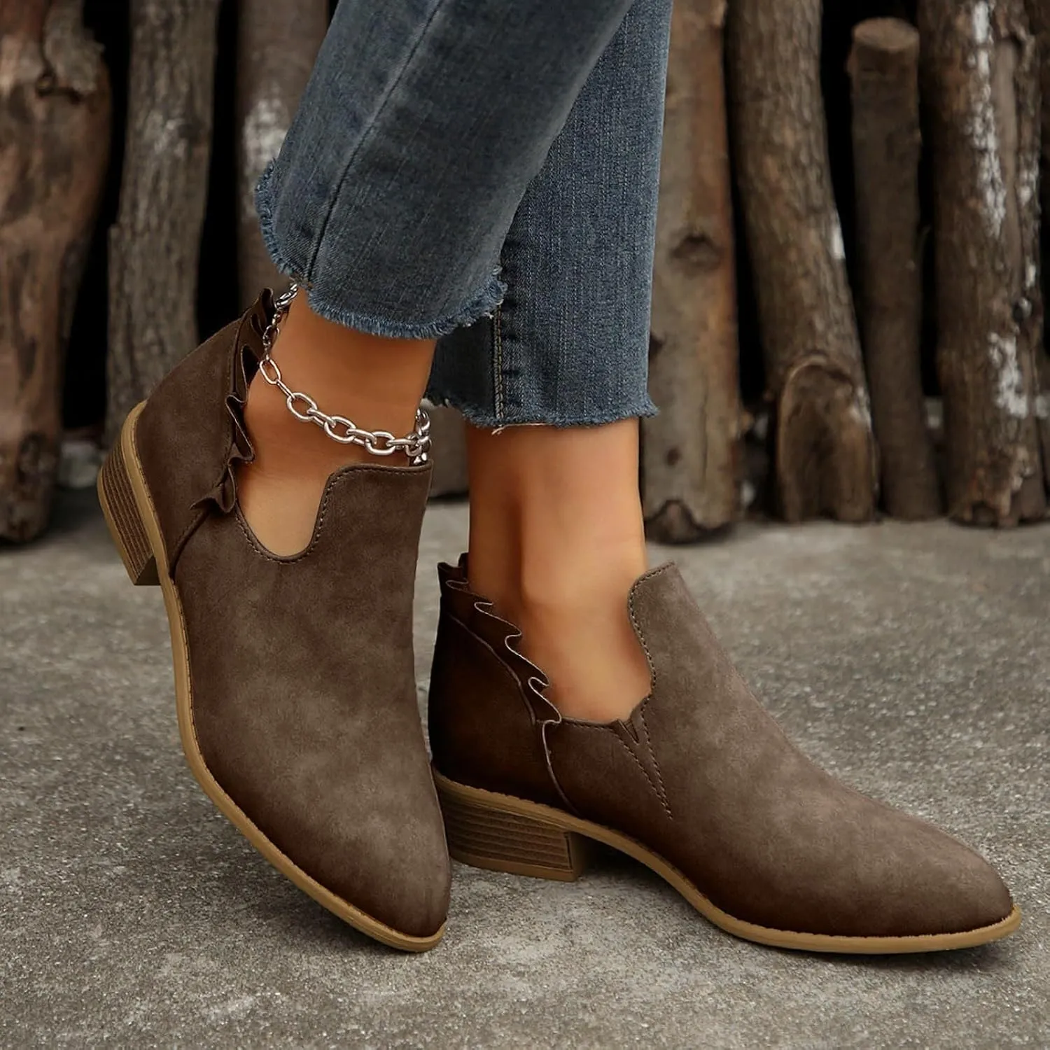 Cathalem Women's Ankle Boots Low Heels Chunky Cutout Booties Perforated Western Shoes Low Heel Arch Support Boots