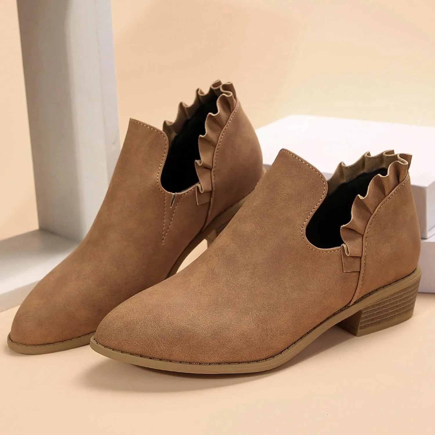 Cathalem Women's Ankle Boots Low Heels Chunky Cutout Booties Perforated Western Shoes Low Heel Arch Support Boots