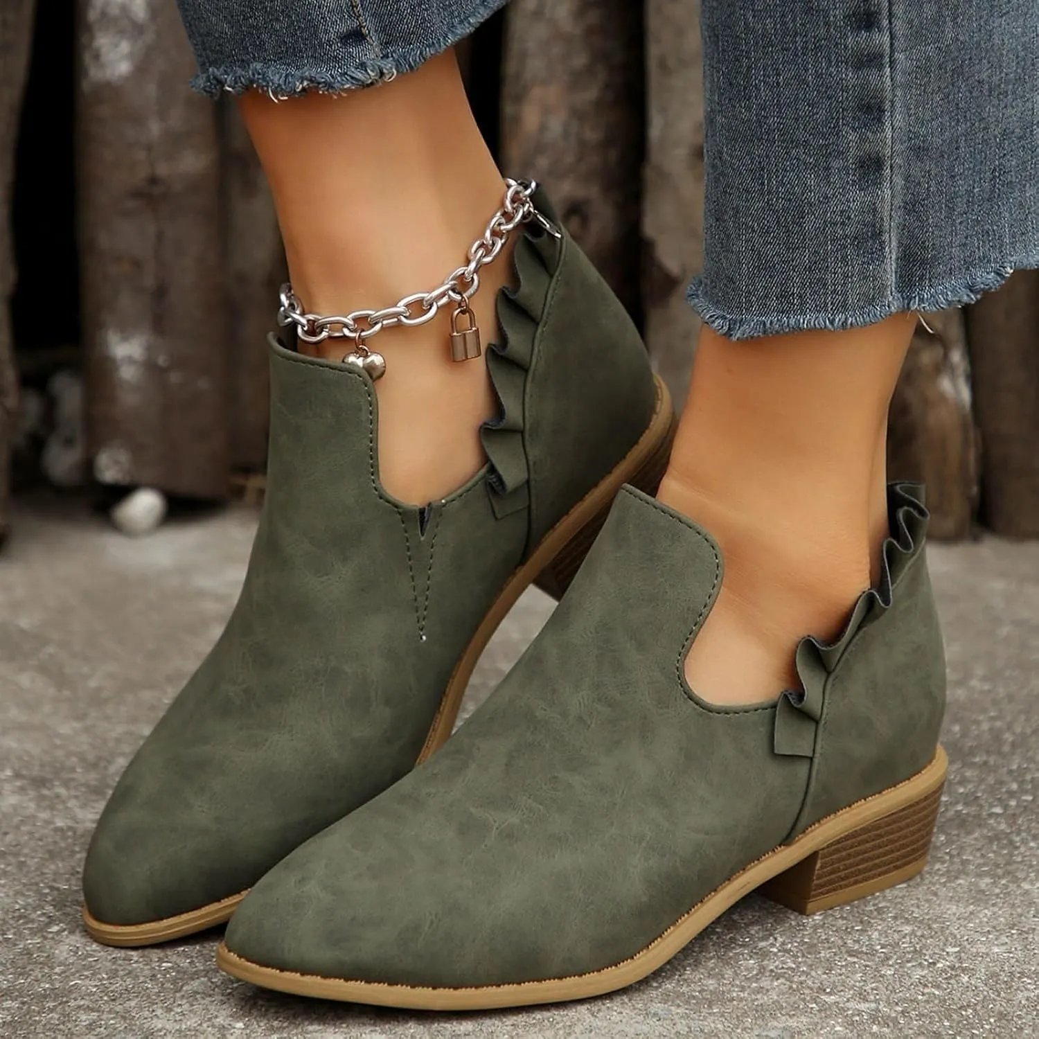 Cathalem Women's Ankle Boots Low Heels Chunky Cutout Booties Perforated Western Shoes Low Heel Arch Support Boots
