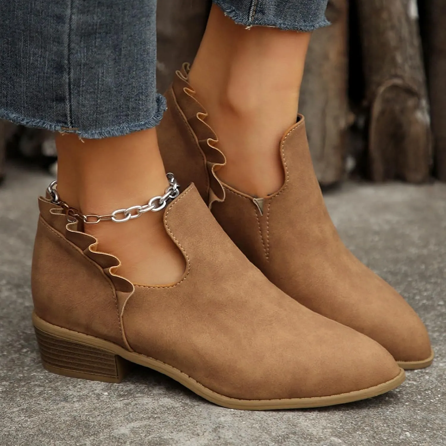 Cathalem Women's Ankle Boots Low Heels Chunky Cutout Booties Perforated Western Shoes Low Heel Arch Support Boots