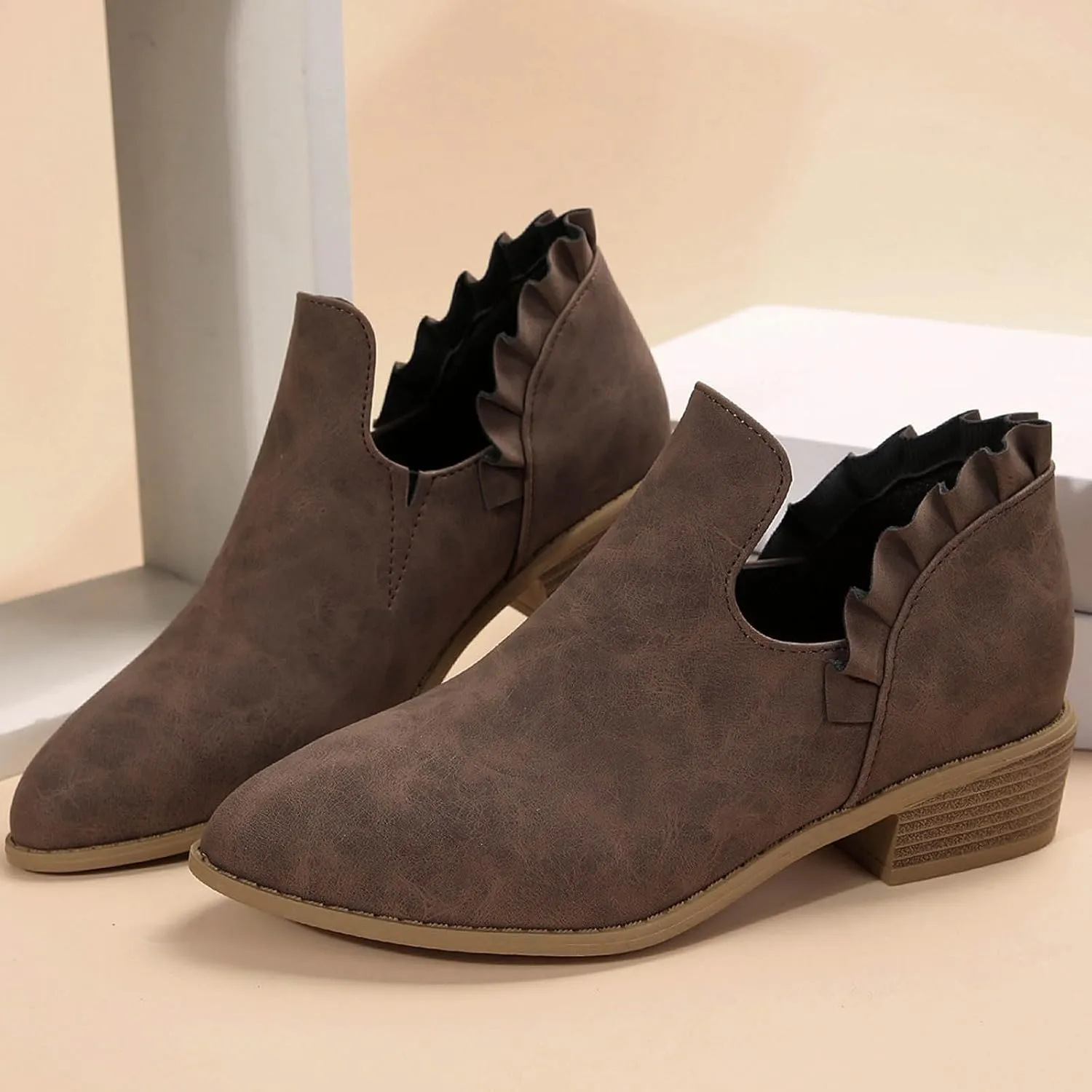 Cathalem Women's Ankle Boots Low Heels Chunky Cutout Booties Perforated Western Shoes Low Heel Arch Support Boots