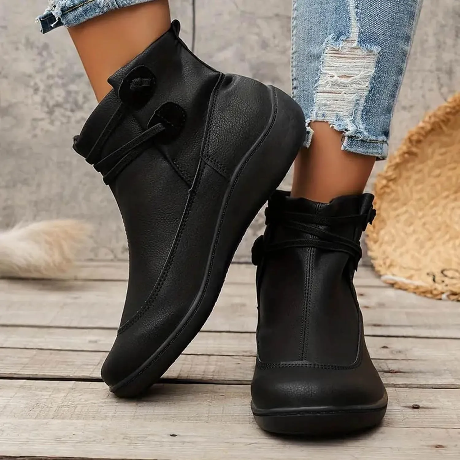 Cathalem Women's Ankle Boots No Heel Fall Cutout Booties Ankle Heels Low Stacked Ruffle Slip On Dress Short Boots Shoes