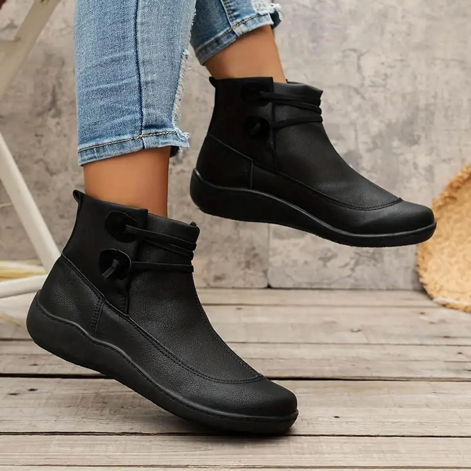 Cathalem Women's Ankle Boots No Heel Fall Cutout Booties Ankle Heels Low Stacked Ruffle Slip On Dress Short Boots Shoes