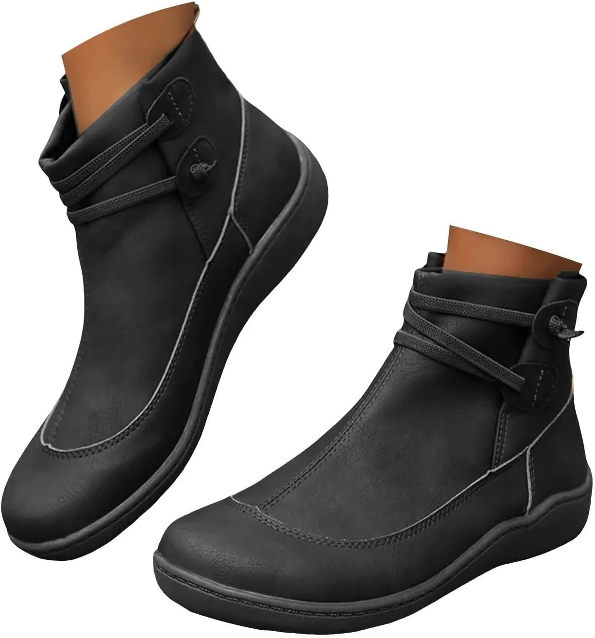 Cathalem Women's Ankle Boots No Heel Fall Cutout Booties Ankle Heels Low Stacked Ruffle Slip On Dress Short Boots Shoes