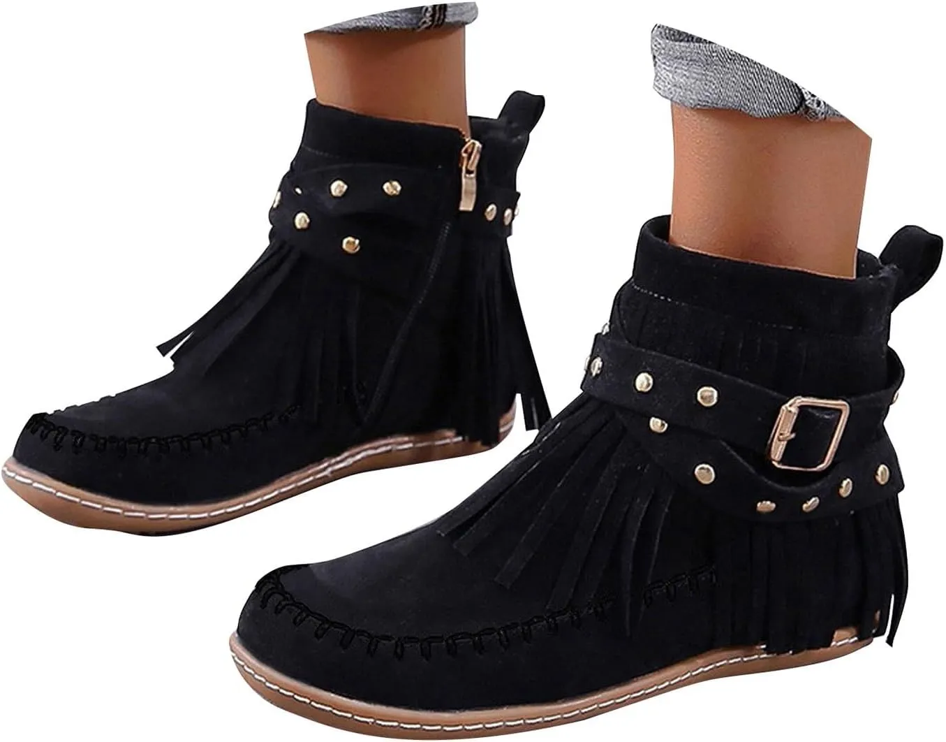 Cathalem Women's Ankle Boots No Heel Fall Cutout Booties Ankle Heels Low Stacked Ruffle Slip On Dress Short Boots Shoes