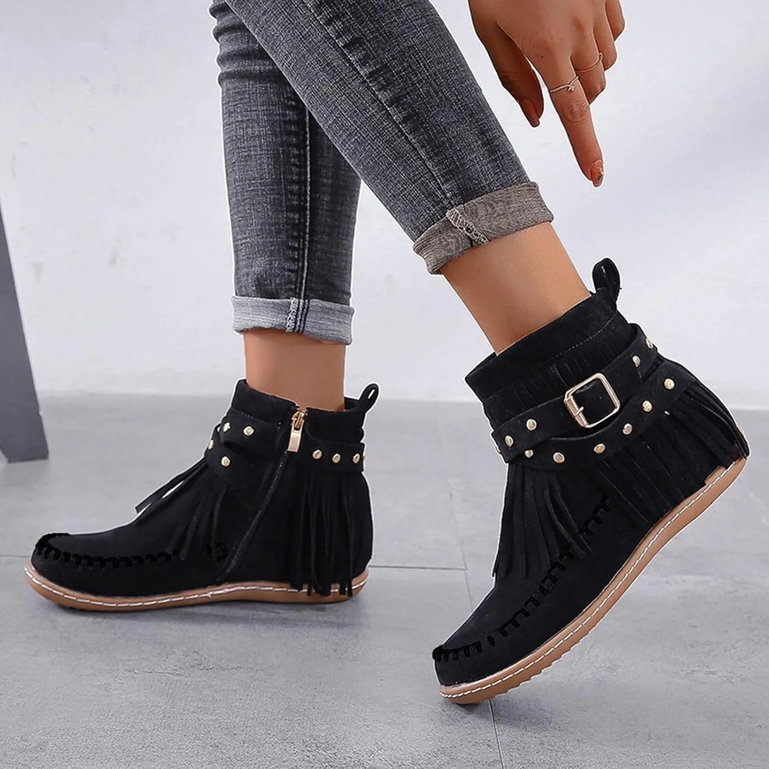 Cathalem Women's Ankle Boots No Heel Fall Cutout Booties Ankle Heels Low Stacked Ruffle Slip On Dress Short Boots Shoes