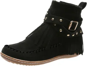 Cathalem Women's Ankle Boots No Heel Fall Cutout Booties Ankle Heels Low Stacked Ruffle Slip On Dress Short Boots Shoes