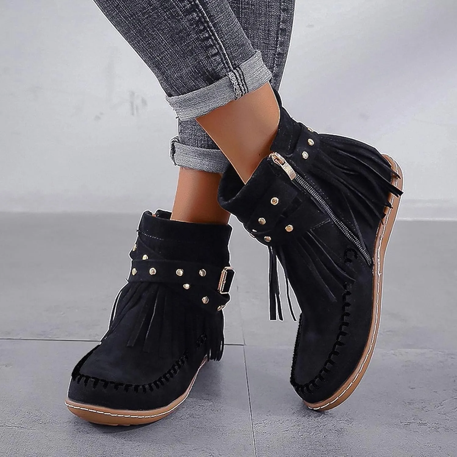 Cathalem Women's Ankle Boots No Heel Fall Cutout Booties Ankle Heels Low Stacked Ruffle Slip On Dress Short Boots Shoes