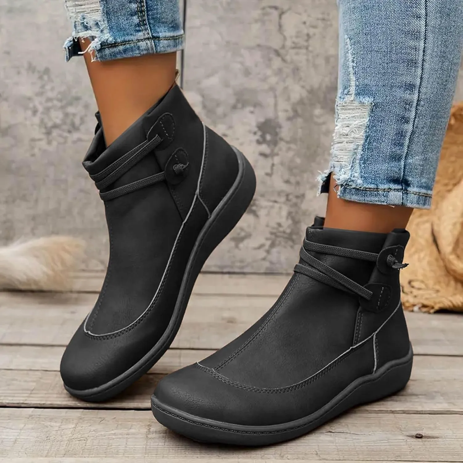 Cathalem Women's Ankle Boots No Heel Fall Cutout Booties Ankle Heels Low Stacked Ruffle Slip On Dress Short Boots Shoes