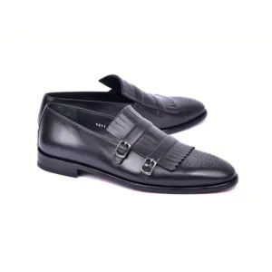 Corrente C0001902-5211 Men's Shoes Black Calf-Skin Leather Kilt Buckles Loafers (CRT1497)