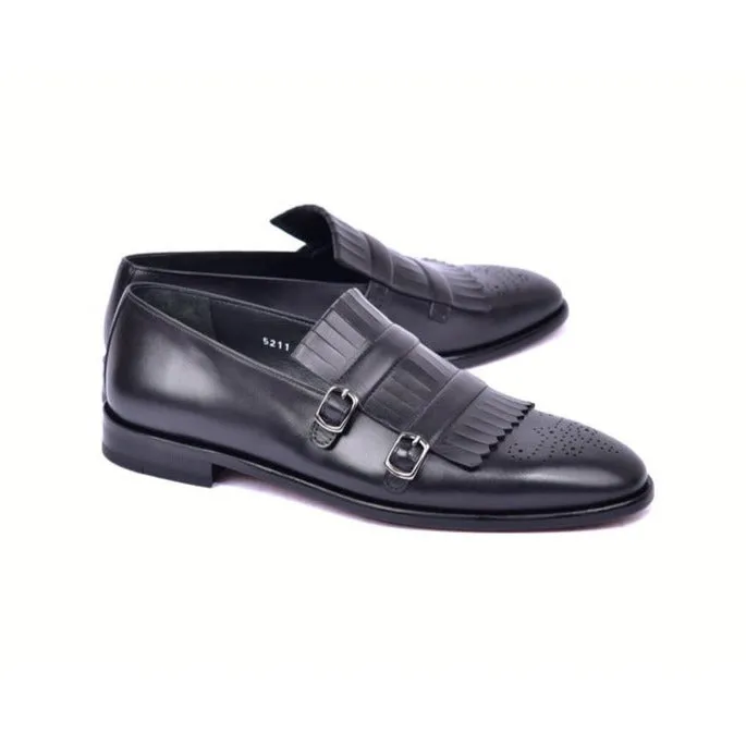Corrente C0001902-5211 Men's Shoes Black Calf-Skin Leather Kilt Buckles Loafers (CRT1497)