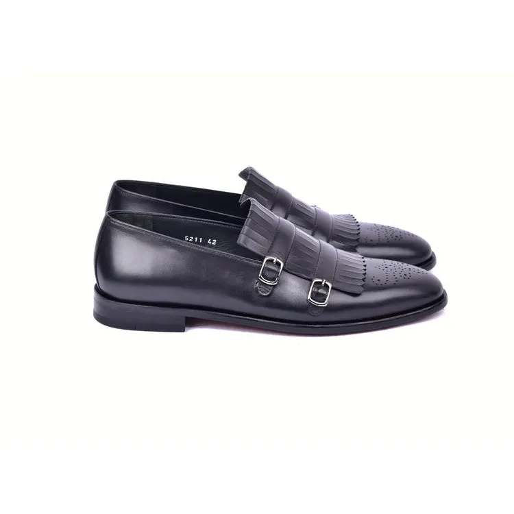 Corrente C0001902-5211 Men's Shoes Black Calf-Skin Leather Kilt Buckles Loafers (CRT1497)