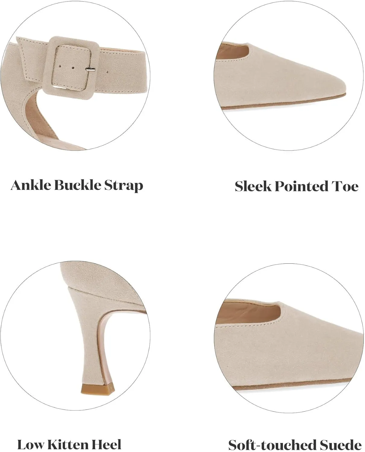 Coutgo Womens Kitten Low Heels Closed Pointed Toe Ankle Buckle Strap Pumps Suede Dress Wedding Shoes