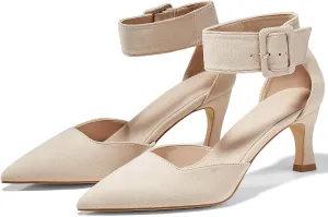 Coutgo Womens Kitten Low Heels Closed Pointed Toe Ankle Buckle Strap Pumps Suede Dress Wedding Shoes