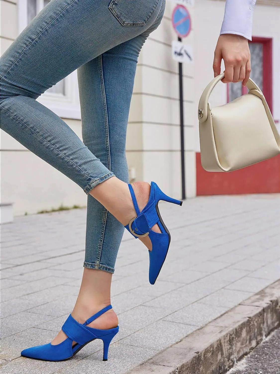 Coutgo Womens Slingback Pumps Closed Pointed Toe High Heels Belt Buckle Strap Dressy Work Shoes