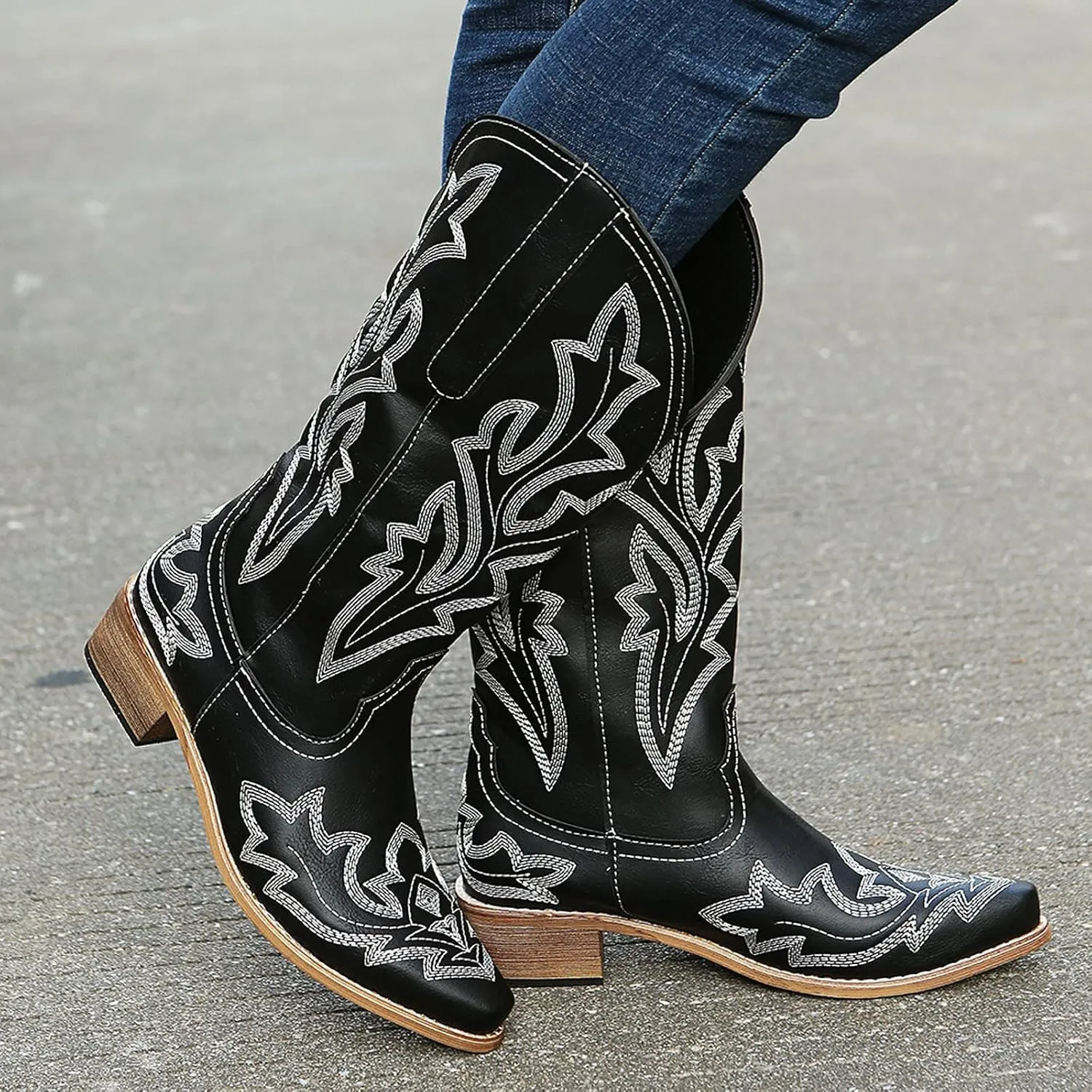 Cowgirl Boots Mid Calf Women's Cowboy Boots Mid Calf with Embroidery Cowgirl Boots Chunky Heel Western Boots Pull On