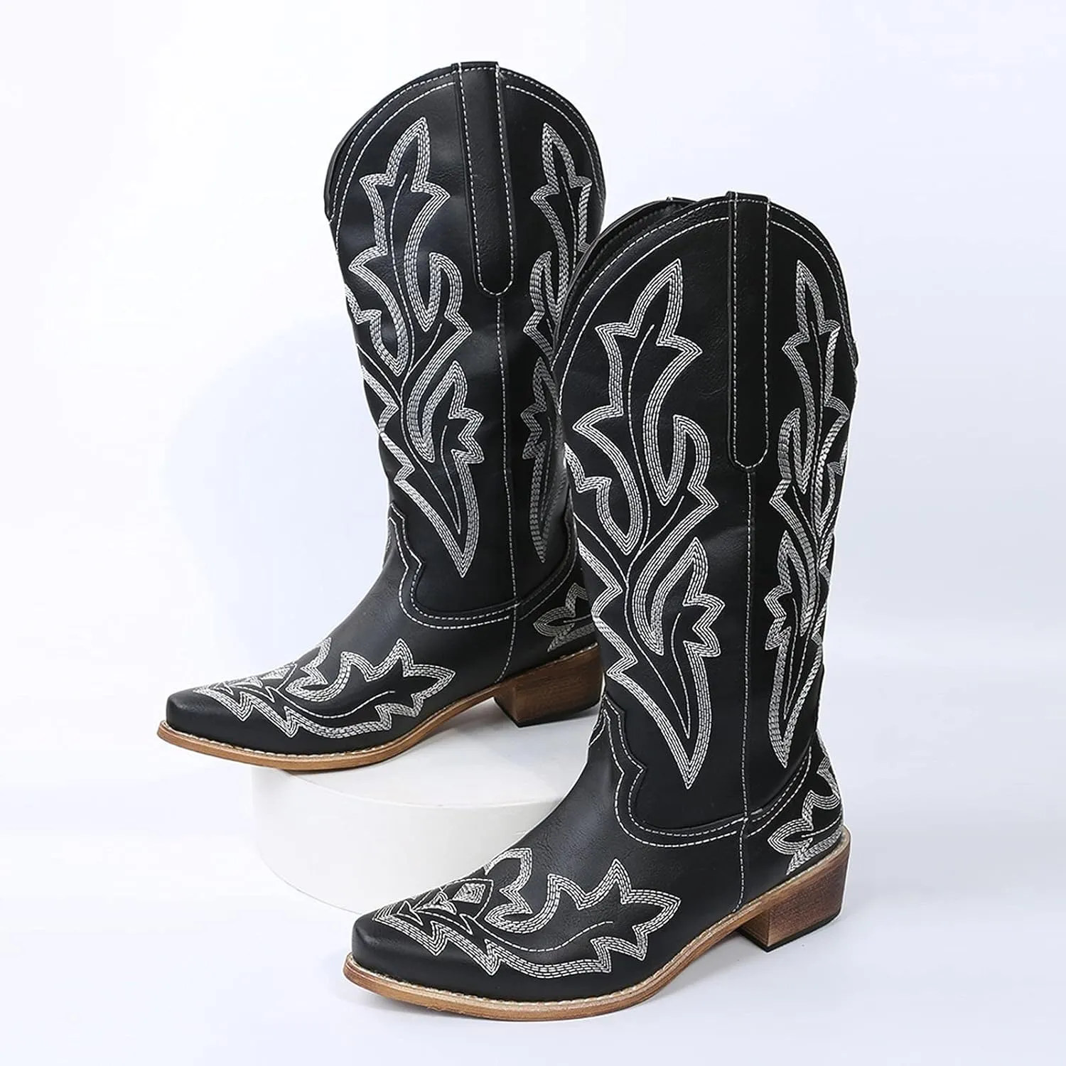 Cowgirl Boots Mid Calf Women's Cowboy Boots Mid Calf with Embroidery Cowgirl Boots Chunky Heel Western Boots Pull On