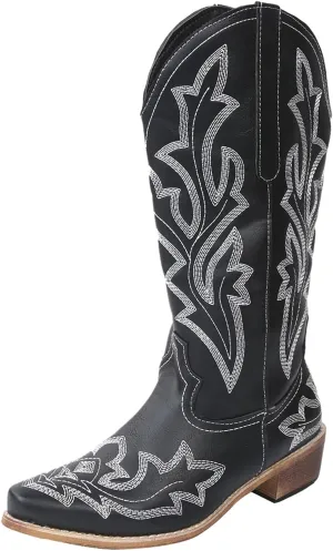 Cowgirl Boots Mid Calf Women's Cowboy Boots Mid Calf with Embroidery Cowgirl Boots Chunky Heel Western Boots Pull On