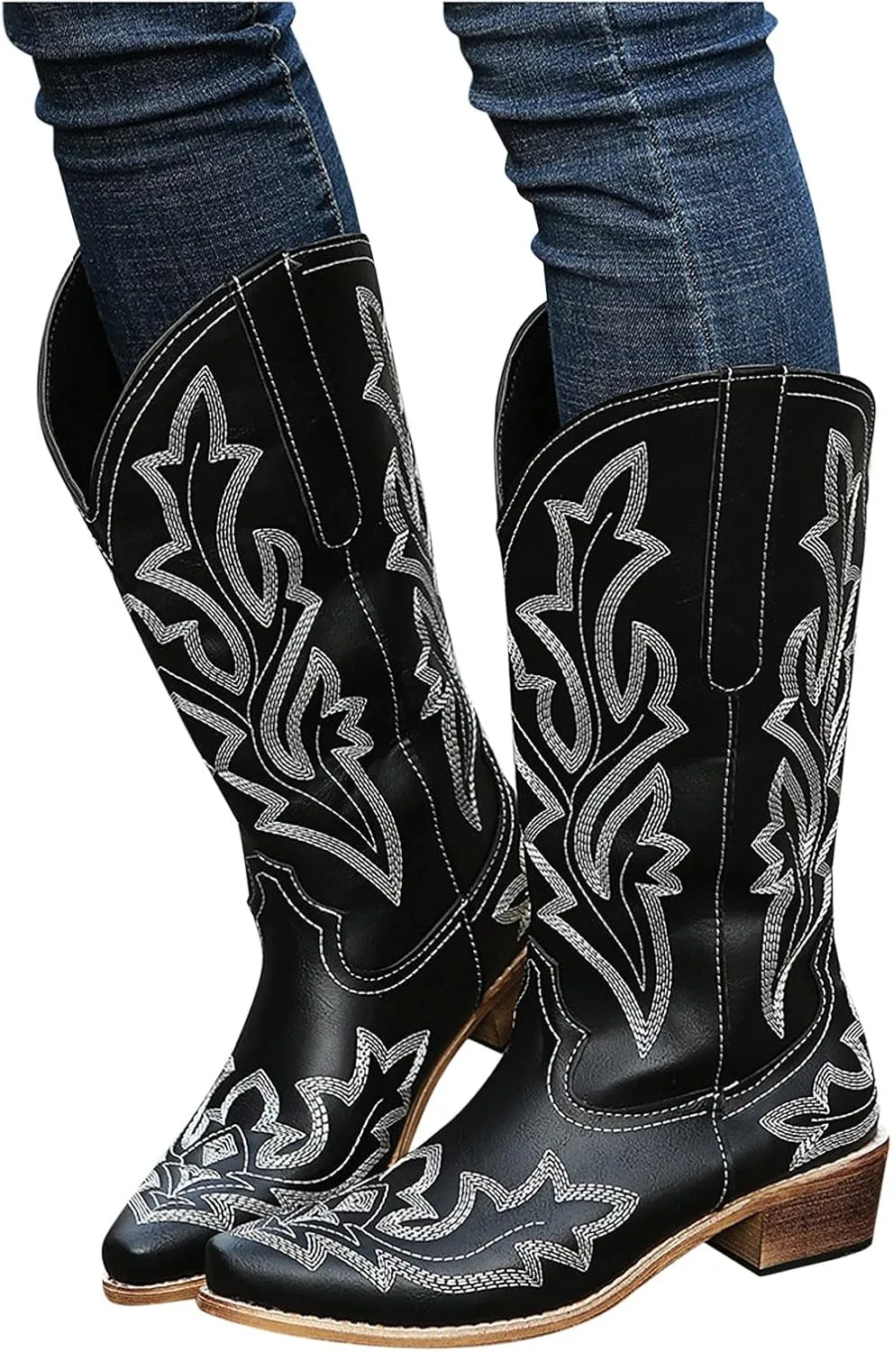 Cowgirl Boots Mid Calf Women's Cowboy Boots Mid Calf with Embroidery Cowgirl Boots Chunky Heel Western Boots Pull On