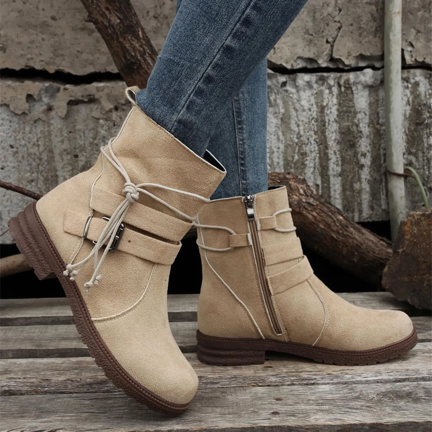 Cowgirl Boots Wide Calf Women's Combat boots Mid Calf Low Heel Motorcycle Riding Military Biker Fashion Ankle booties