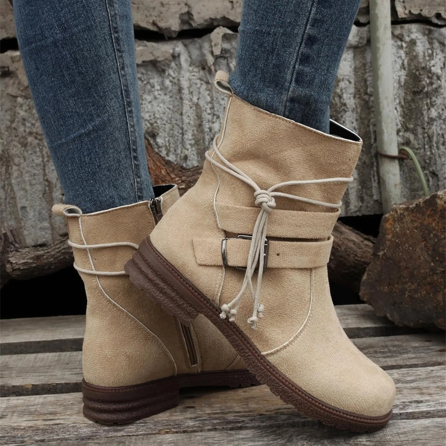 Cowgirl Boots Wide Calf Women's Combat boots Mid Calf Low Heel Motorcycle Riding Military Biker Fashion Ankle booties