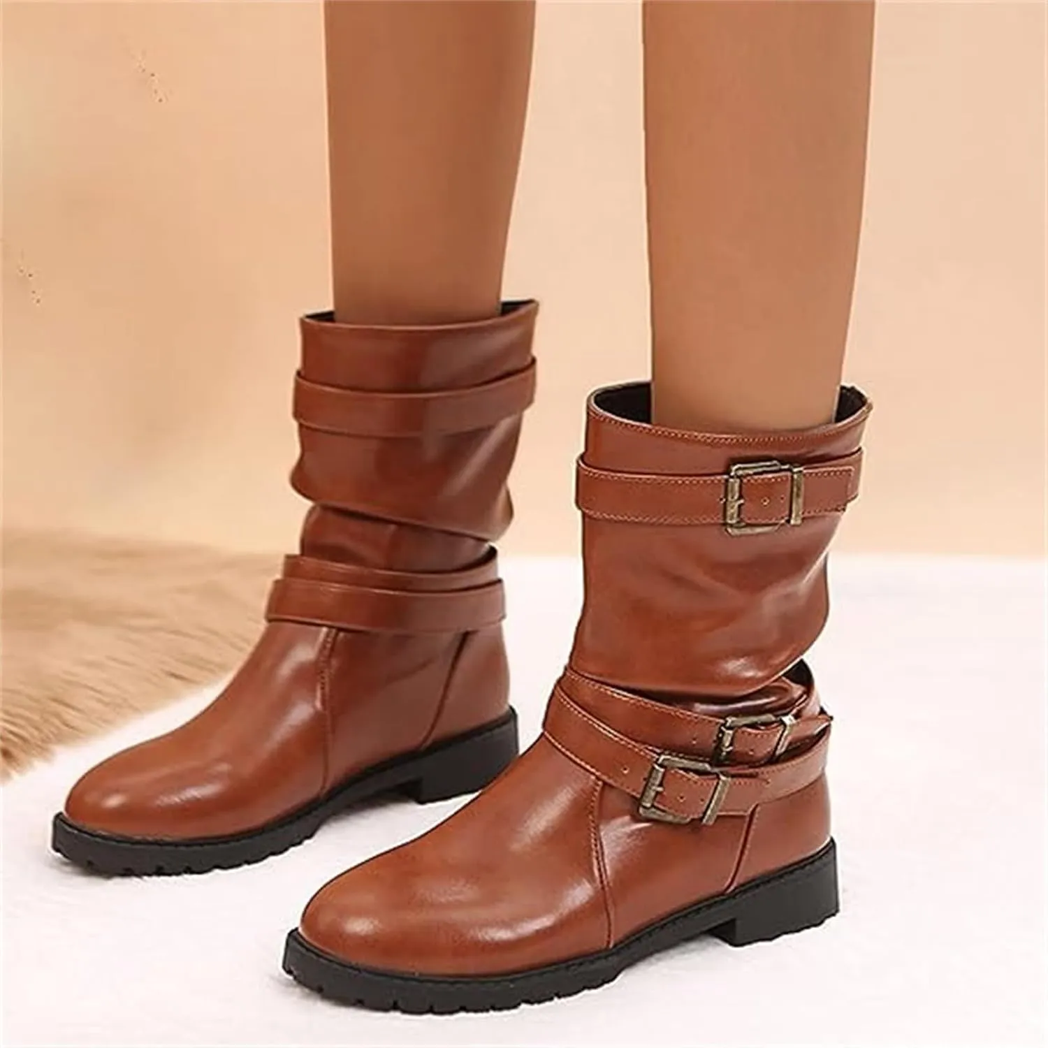 Cowgirl Boots Wide Calf Women's Combat boots Mid Calf Low Heel Motorcycle Riding Military Biker Fashion Ankle booties