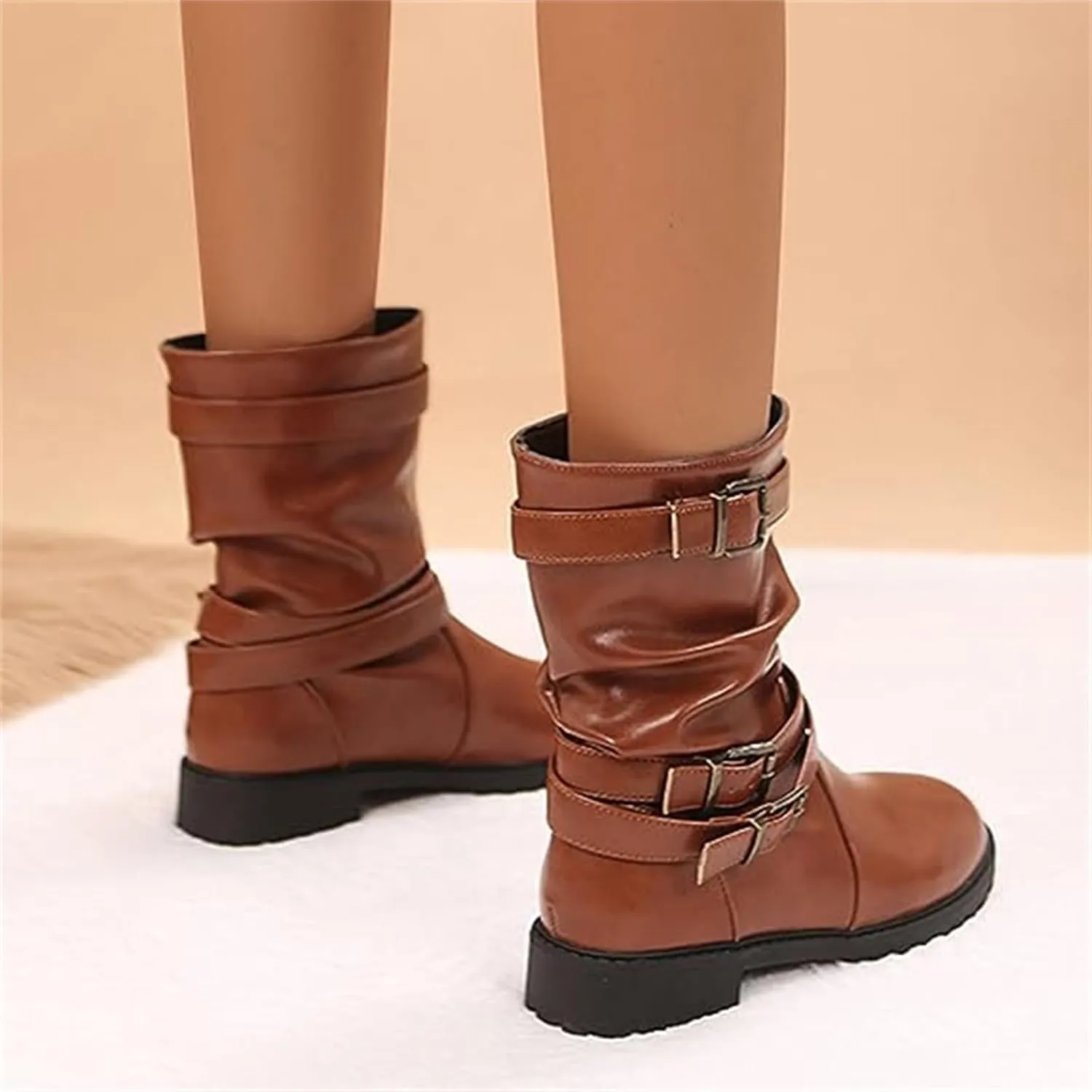 Cowgirl Boots Wide Calf Women's Combat boots Mid Calf Low Heel Motorcycle Riding Military Biker Fashion Ankle booties