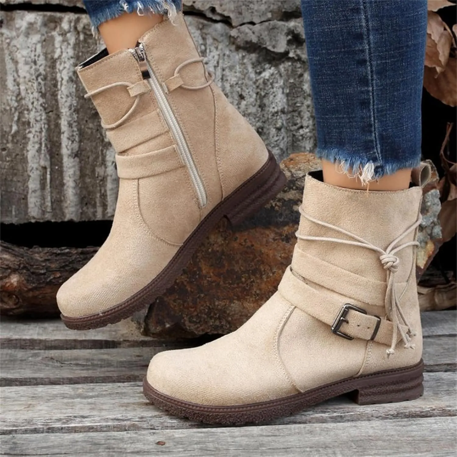 Cowgirl Boots Wide Calf Women's Combat boots Mid Calf Low Heel Motorcycle Riding Military Biker Fashion Ankle booties